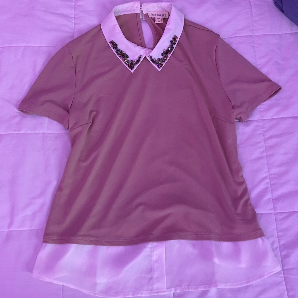 Pink and white collared blouse